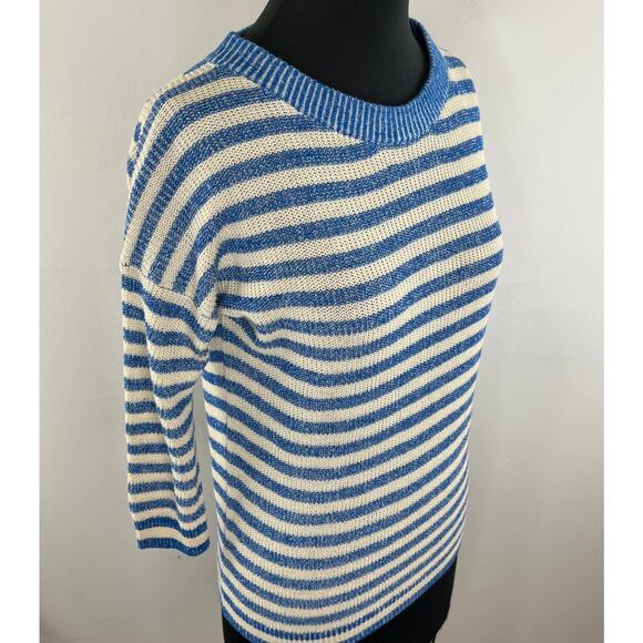 J.Crew Linen Blend Blue White Striped Ribbed Crew Neck 3/4 Sleeve Sweater Sz XS - Picture 3 of 6